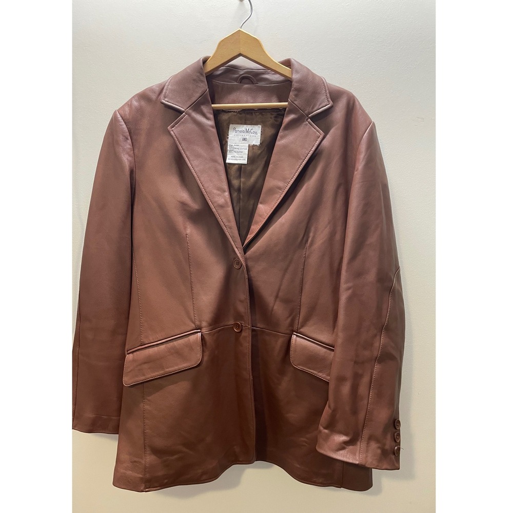 Pamela McCoy Collections Brown Genuine Leather Blazer Jacket Vintage 90's 1X XL